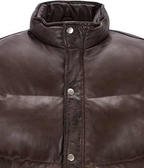Men's Puffer Leather Vest In Chocolate Brown