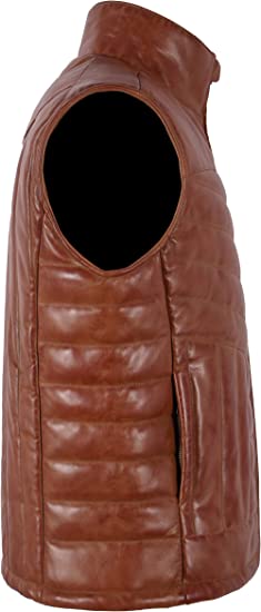 Men's Quilted Puffer Leather Vest In Brown