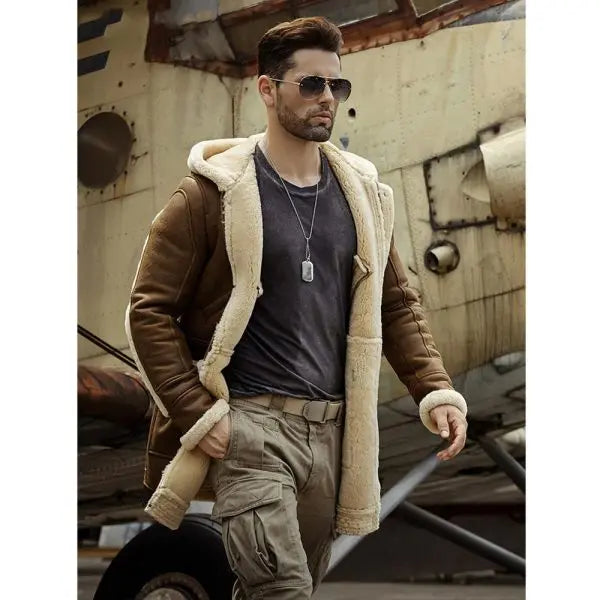 Men's Shearling Leather Coat In Brown With Hood