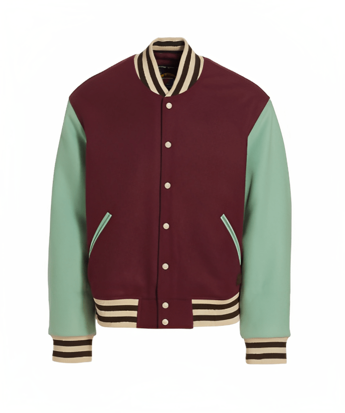 Men's Varsity Bomber Leather Jacket In Wine Red & Sky Blue Sleeves