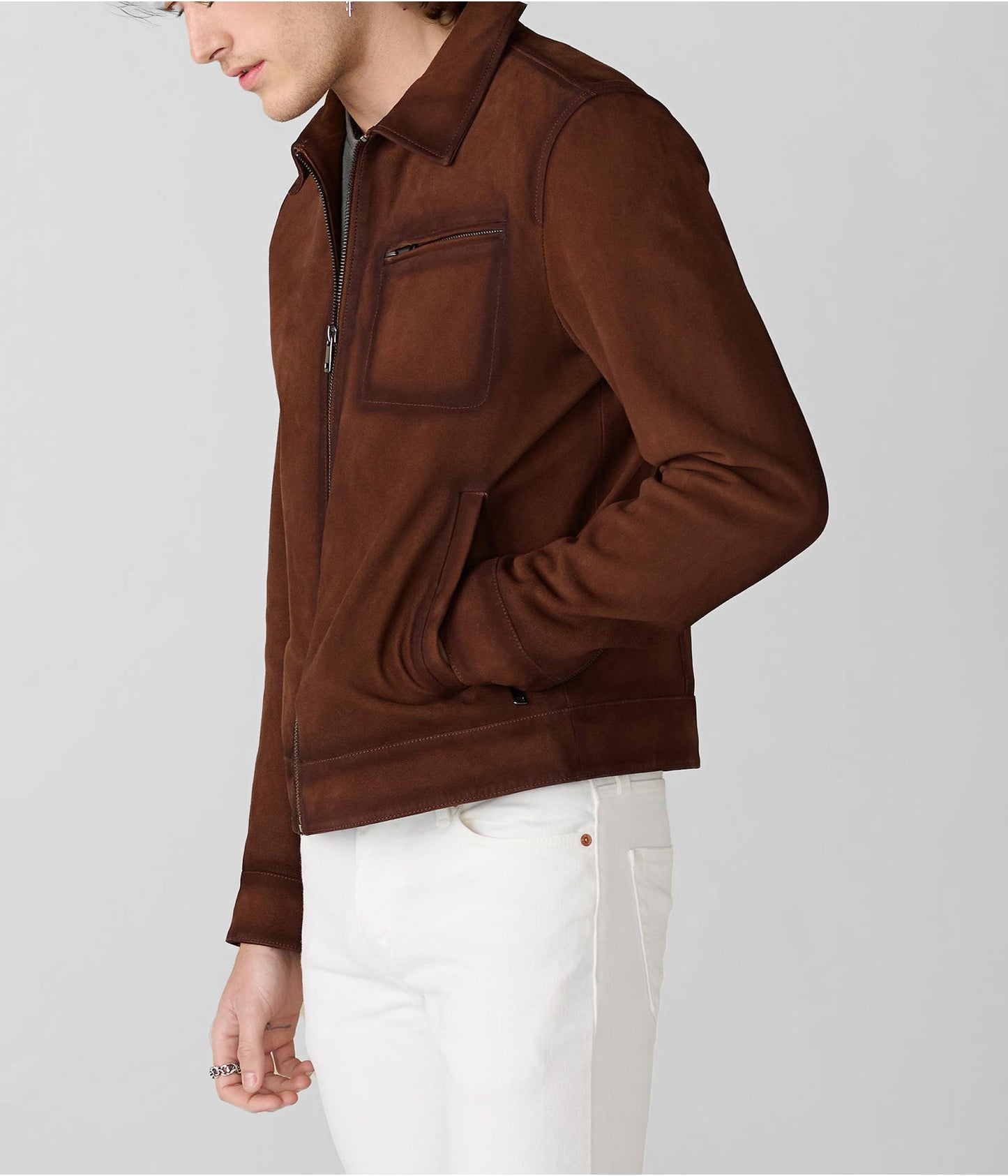 Men's Suede Leather Jacket In Dark Brown