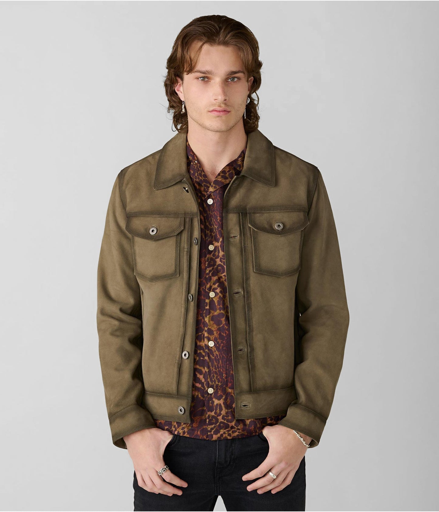 Men's Suede Leather Trucker Jacket In Olive Green
