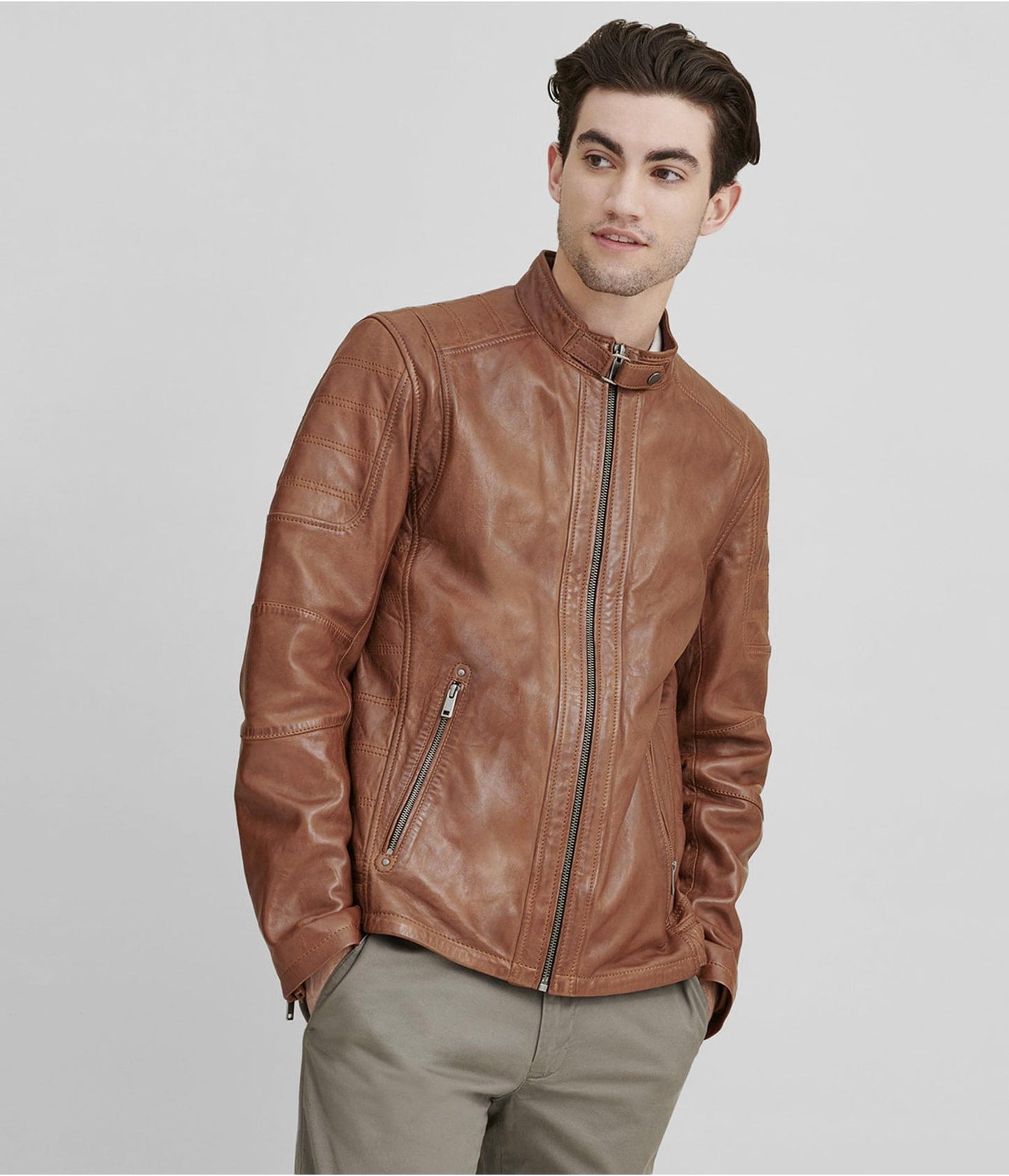Men's Cafe Racer Leather Jacket In Brown