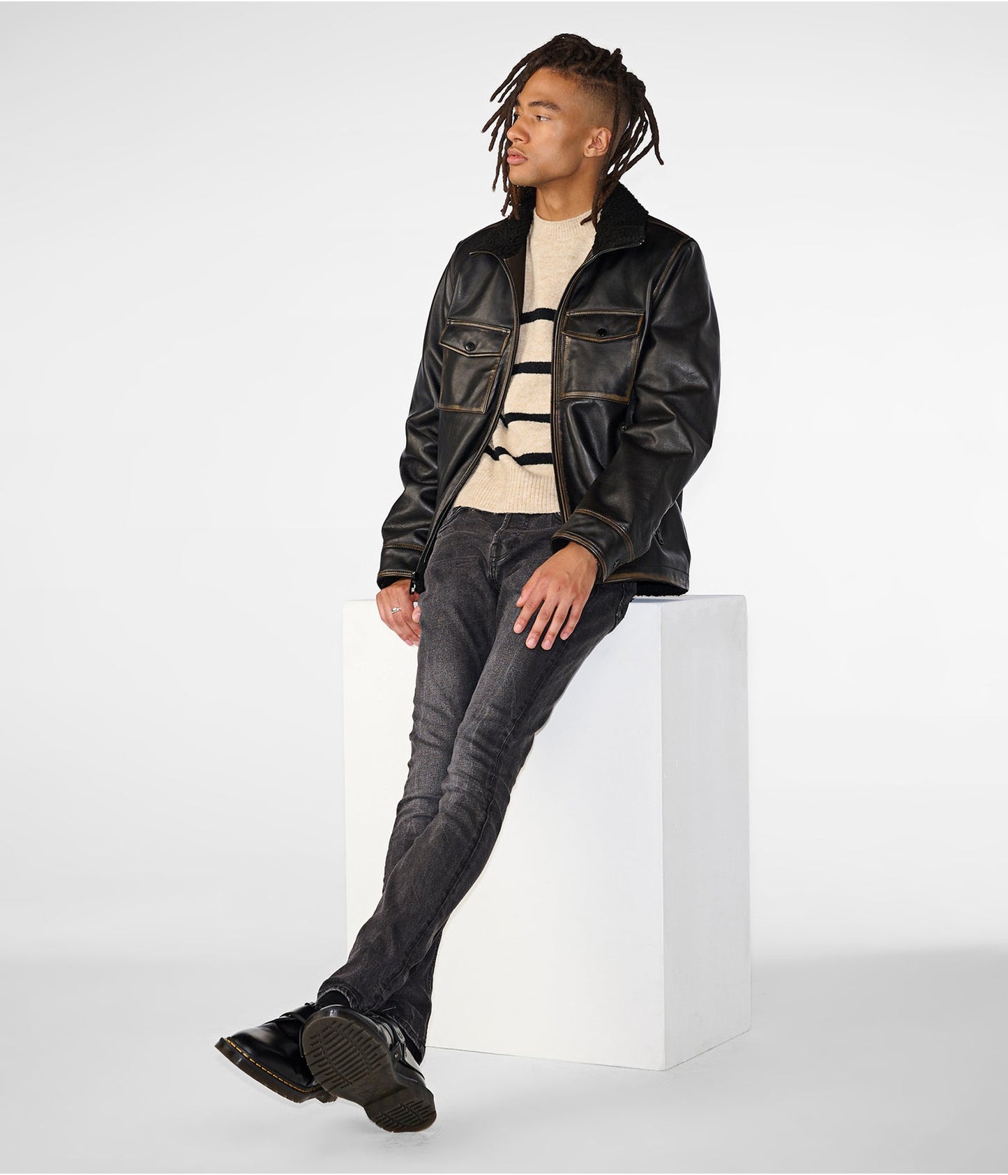 Men's Distressed Leather Harrington Shearling Jacket In Black
