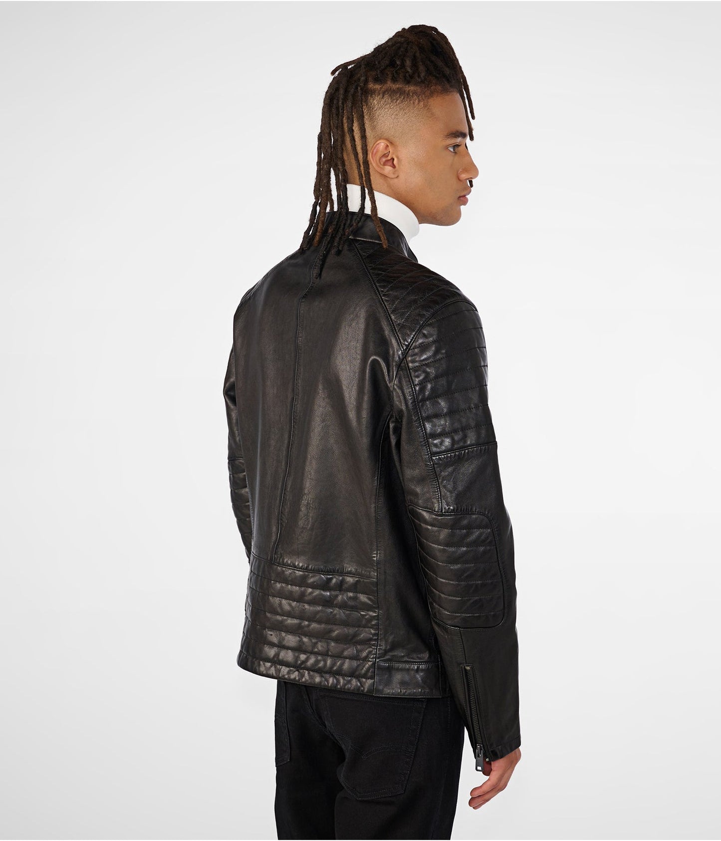 Men's Leather Biker Cafe Racer Jacket In Black