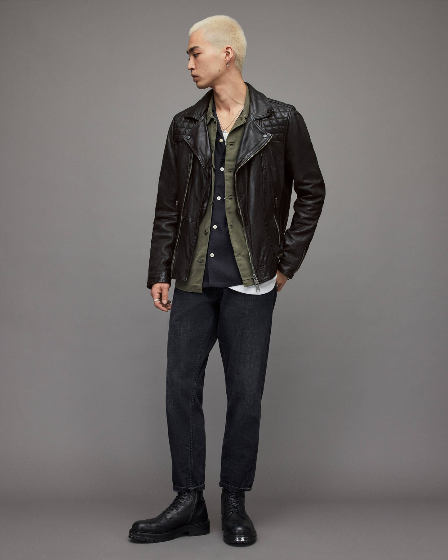 Men's Leather Biker Jacket In Black With Quilted Shoulders