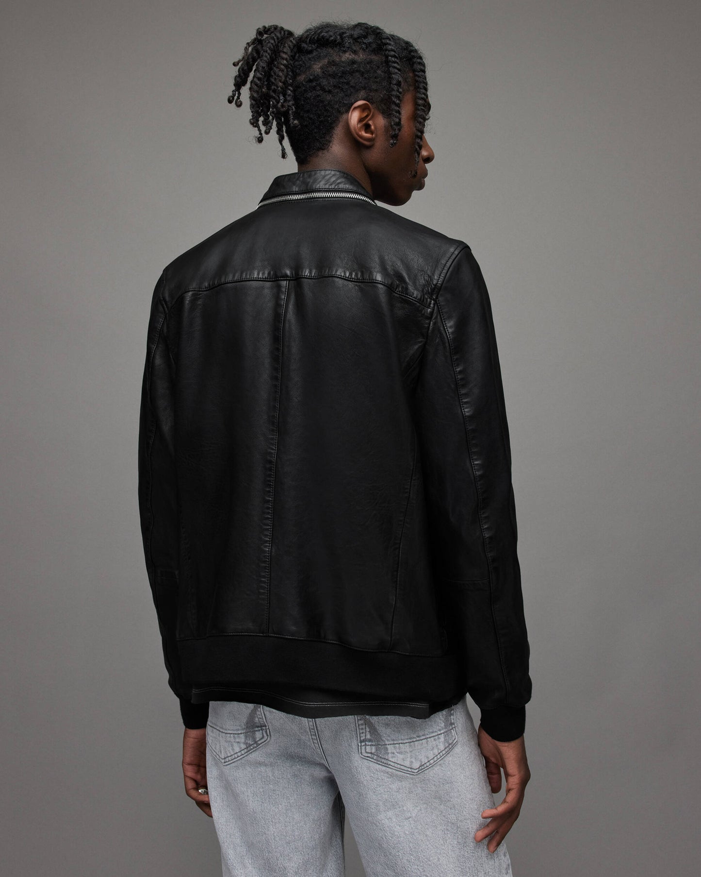 Men's Leather Bomber Jacket In Black With Dual Collar
