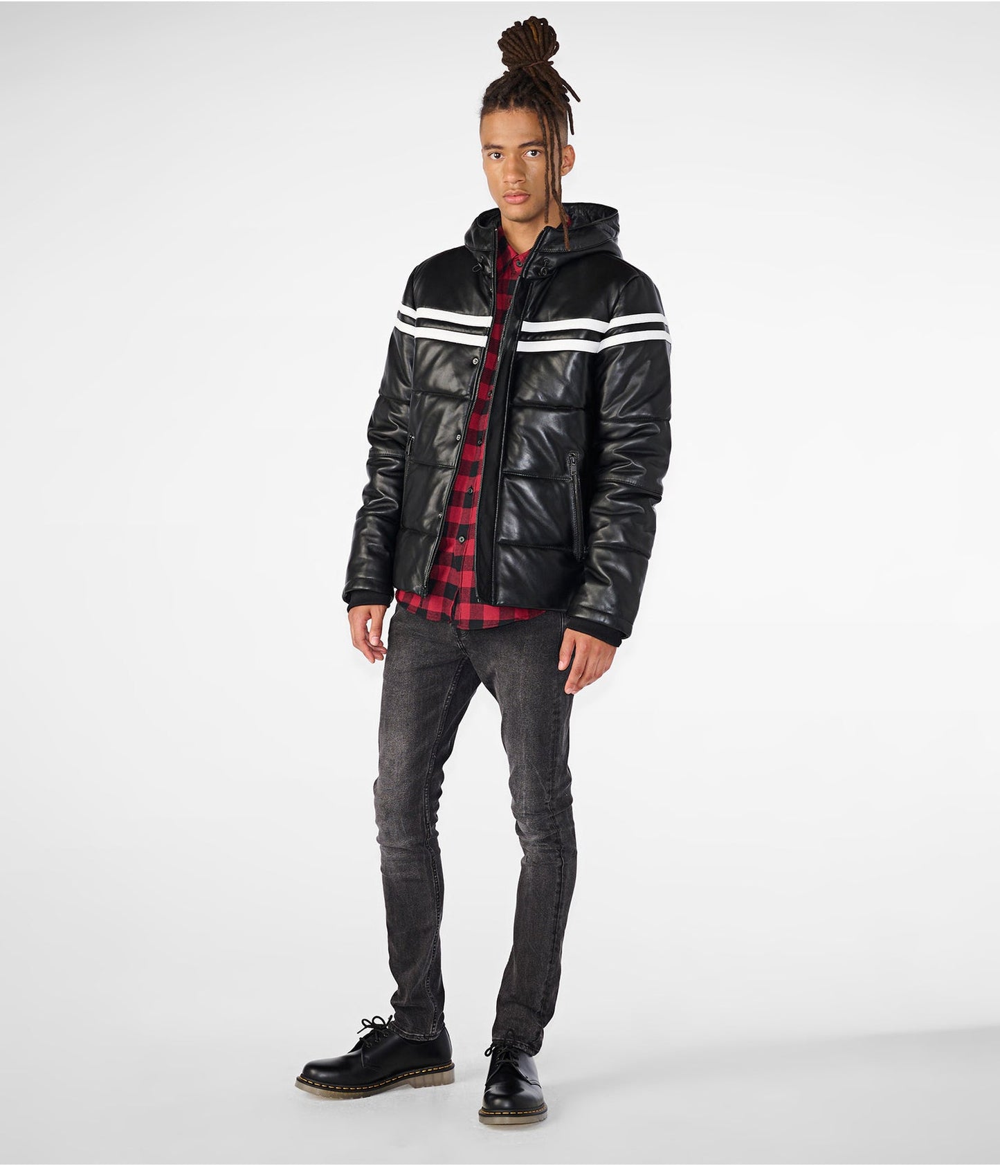 Men's Leather Hooded Puffer Jacket In Black