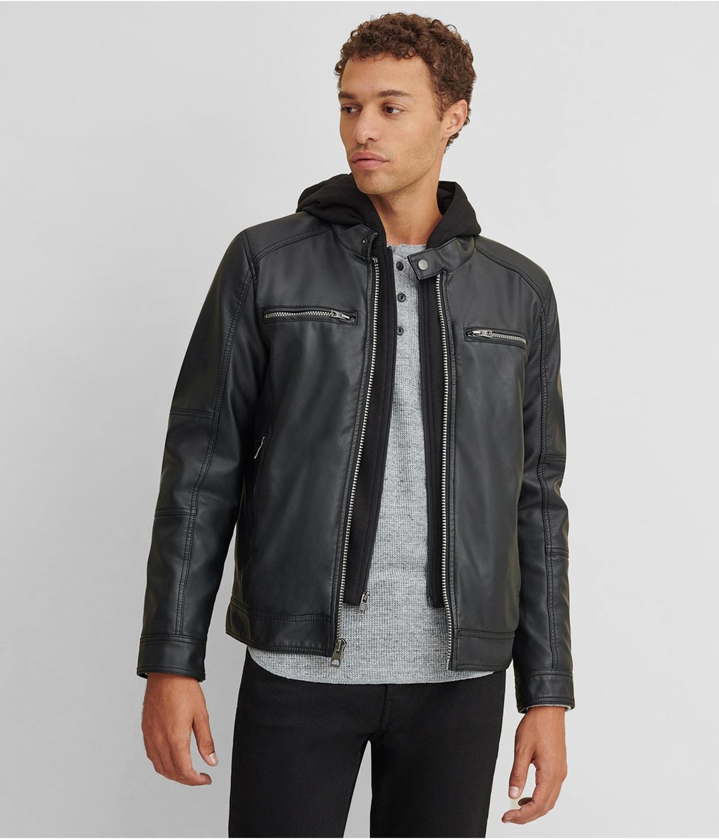 Men's Leather Jacket In Black With Removable Hood