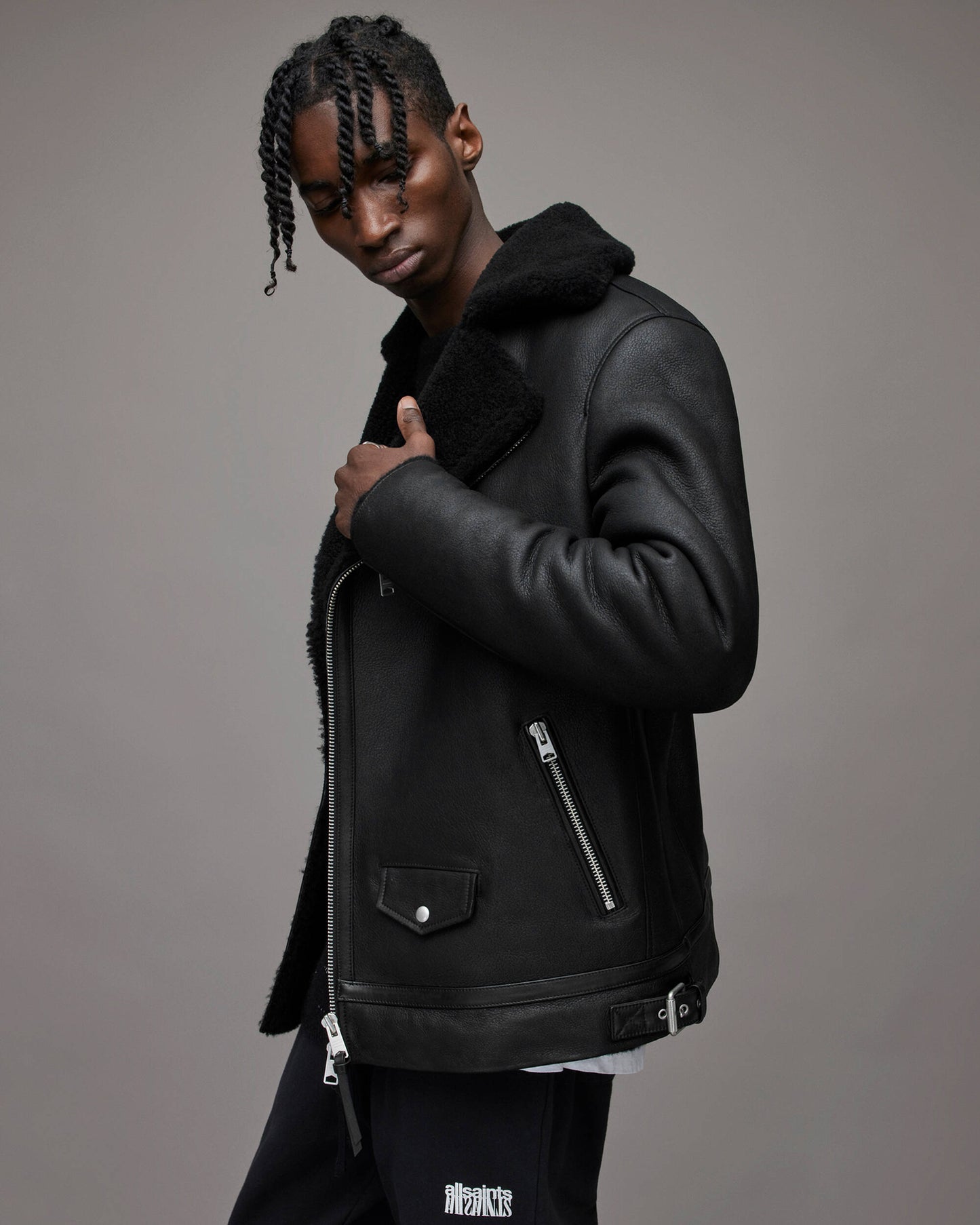 Men's Leather Shearling Biker Jacket In Back