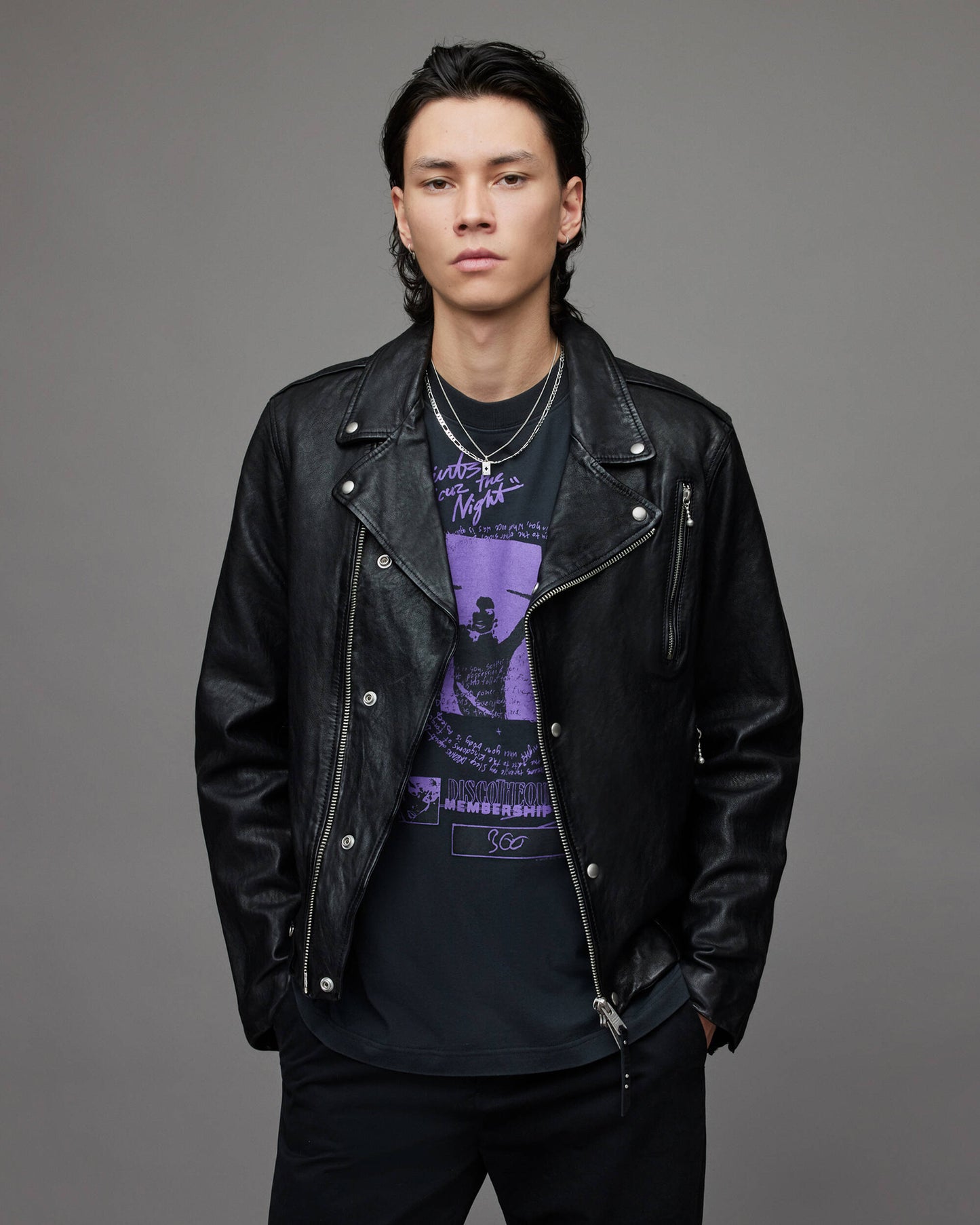 Men's Leather Vintage Biker Jacket In Black