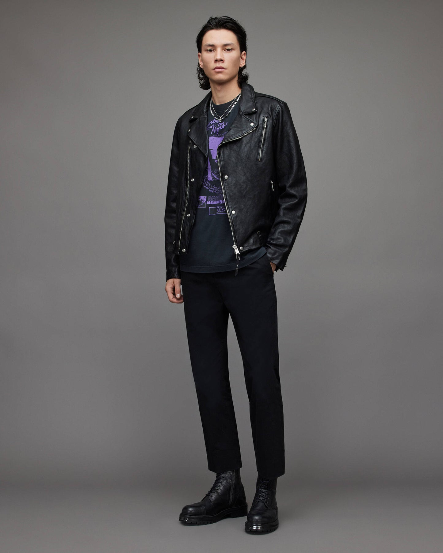 Men's Leather Vintage Biker Jacket In Black