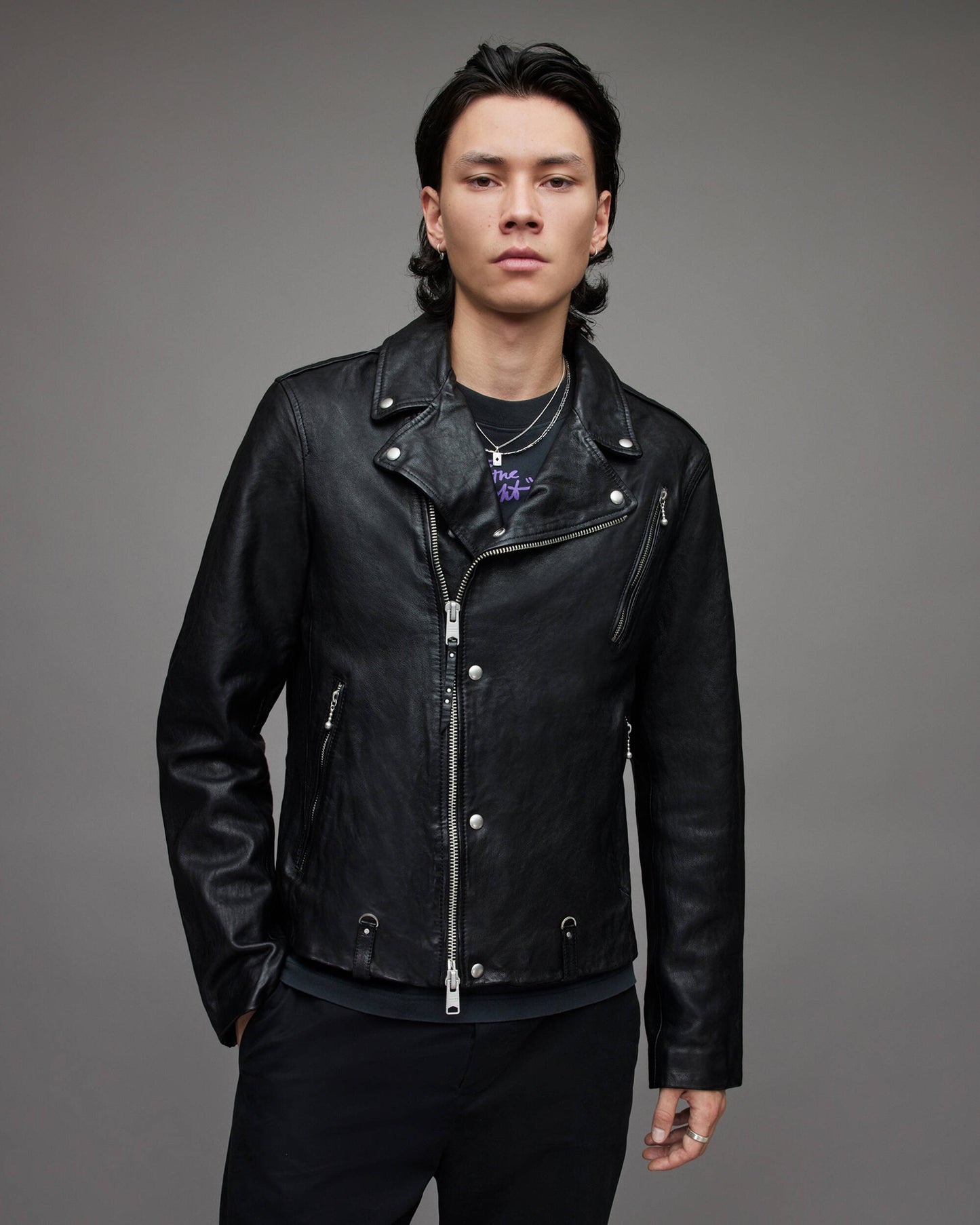 Men's Leather Vintage Biker Jacket In Black
