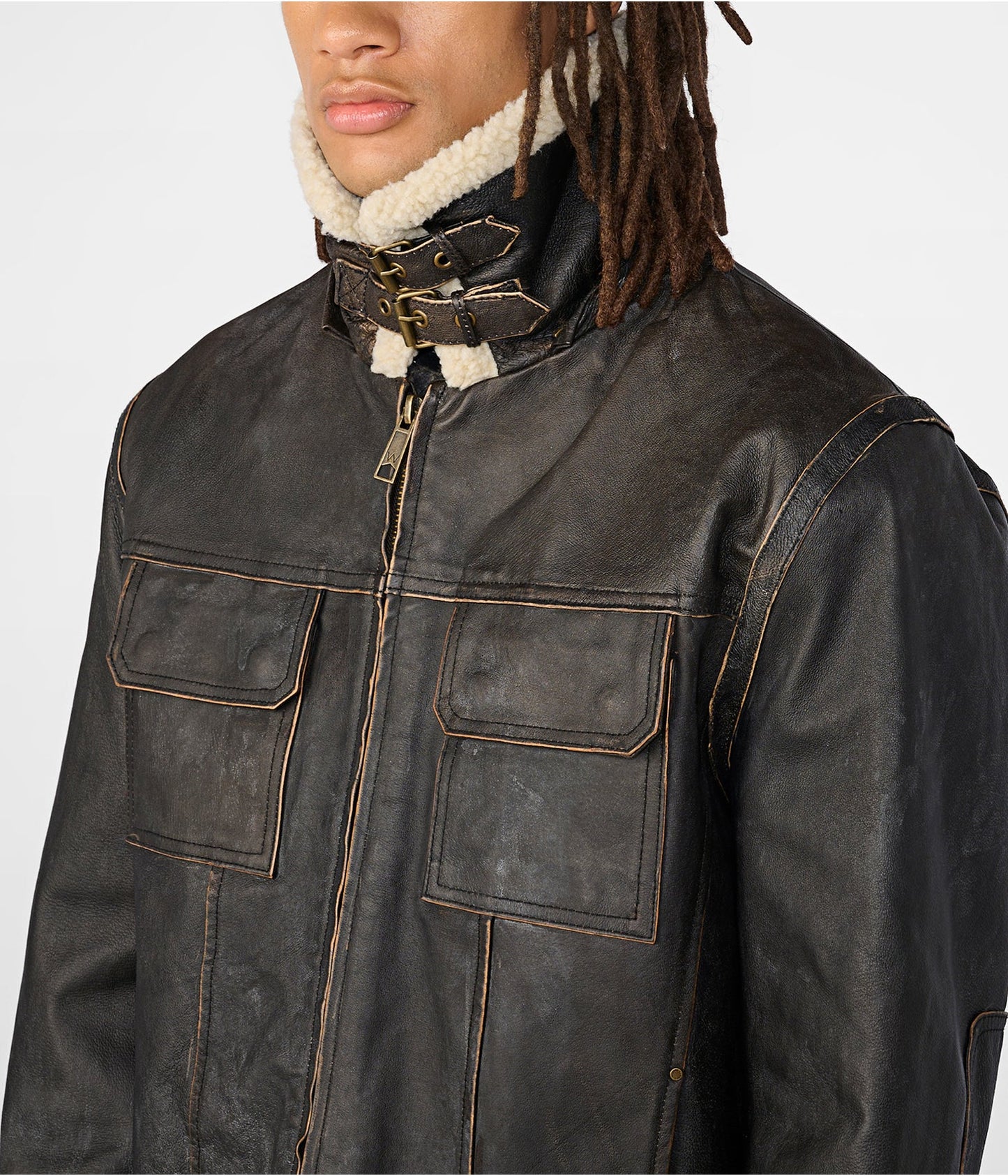 Men's Leather Vintage Jacket In Black Removable Hood