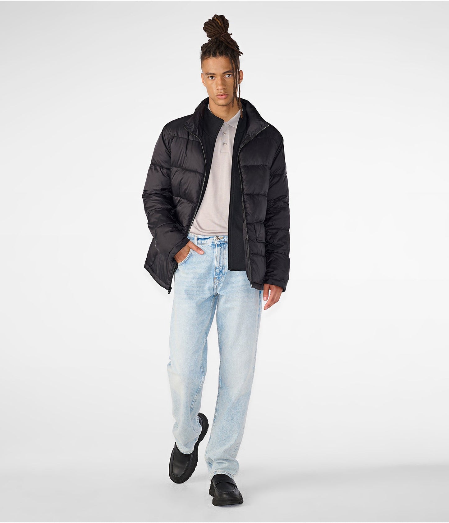 Men's Puffer Jacket In Black With Band Collar
