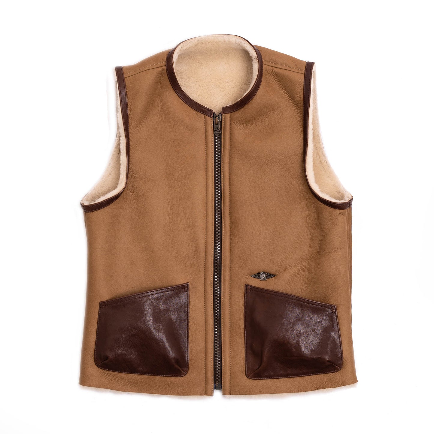 Men's Shearling Leather Vest In Beige With Patch Pockets