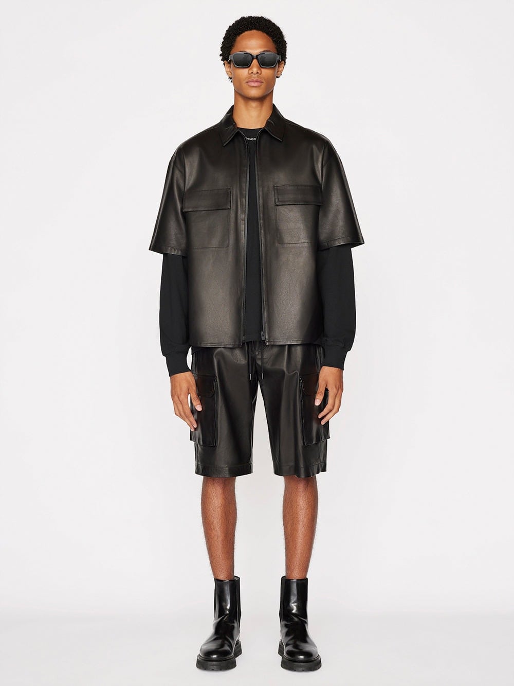 Men's Short Sleeve Leather Shirt In Black