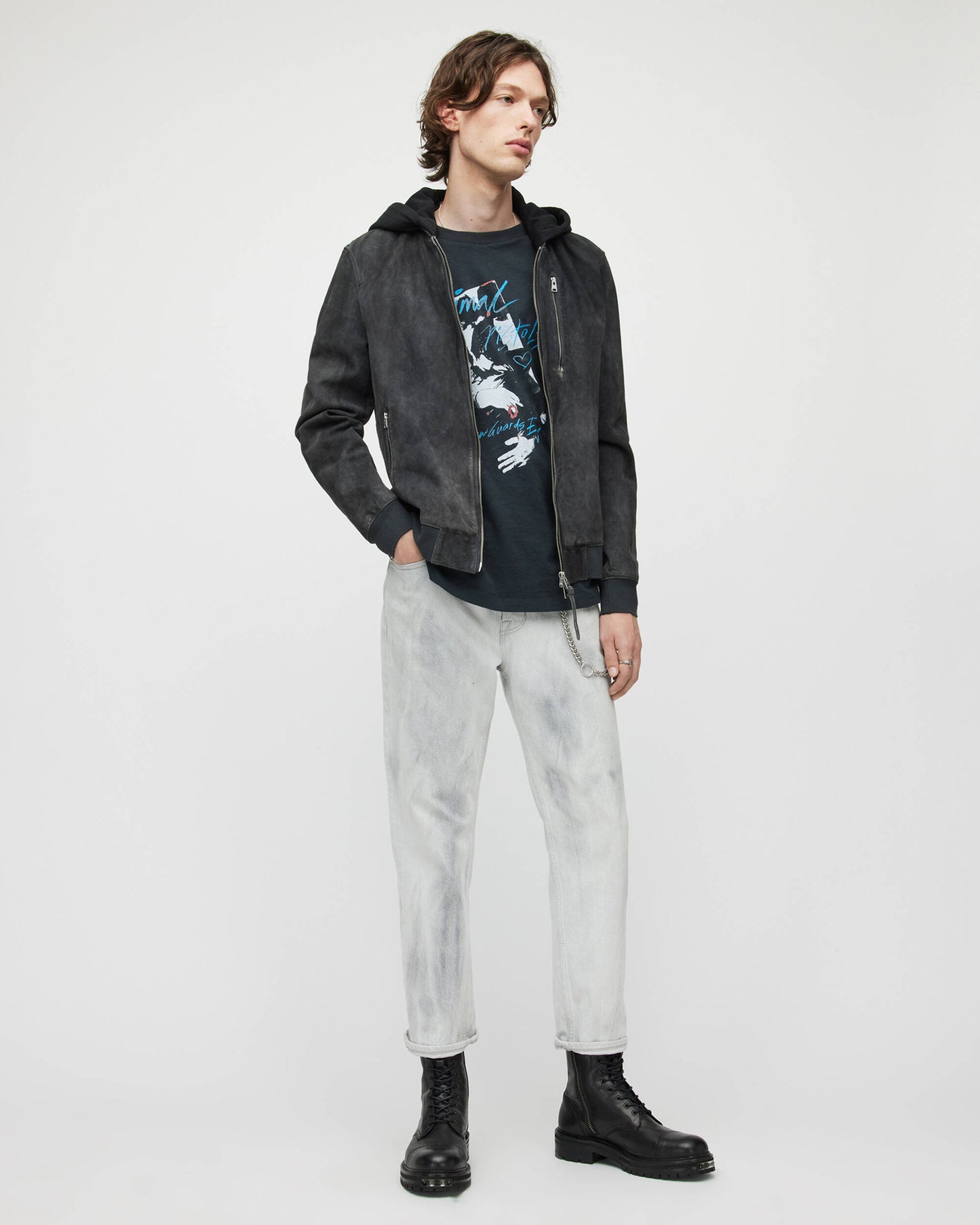 Men's Suede Leather Bomber Jacket In Black With Removable Hood