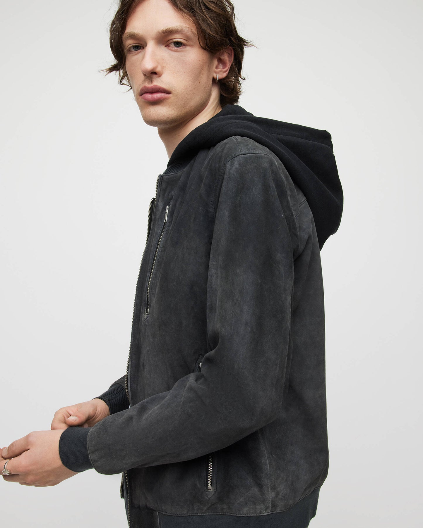 Men's Suede Leather Bomber Jacket In Black With Removable Hood