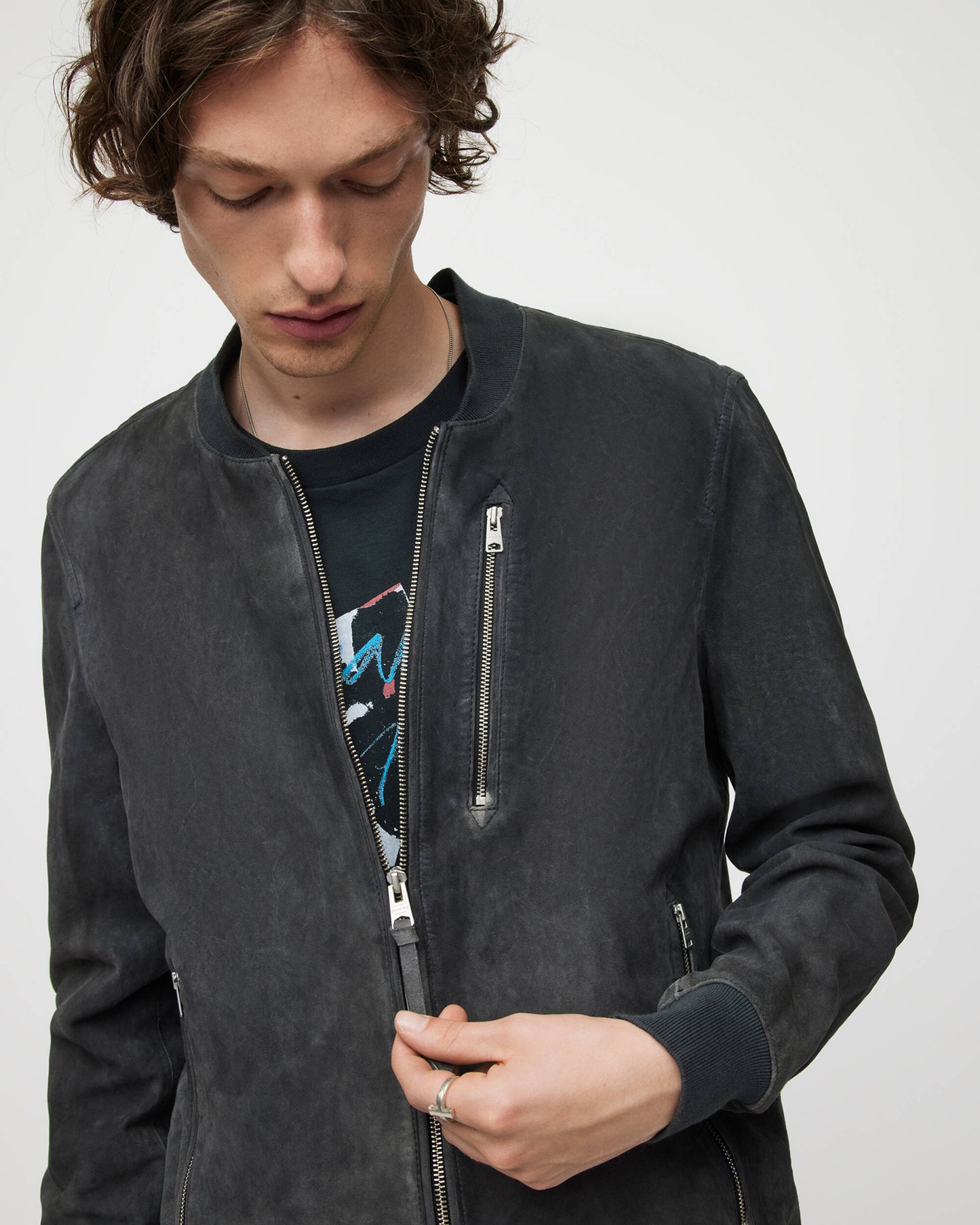 Men's Suede Leather Bomber Jacket In Black With Removable Hood