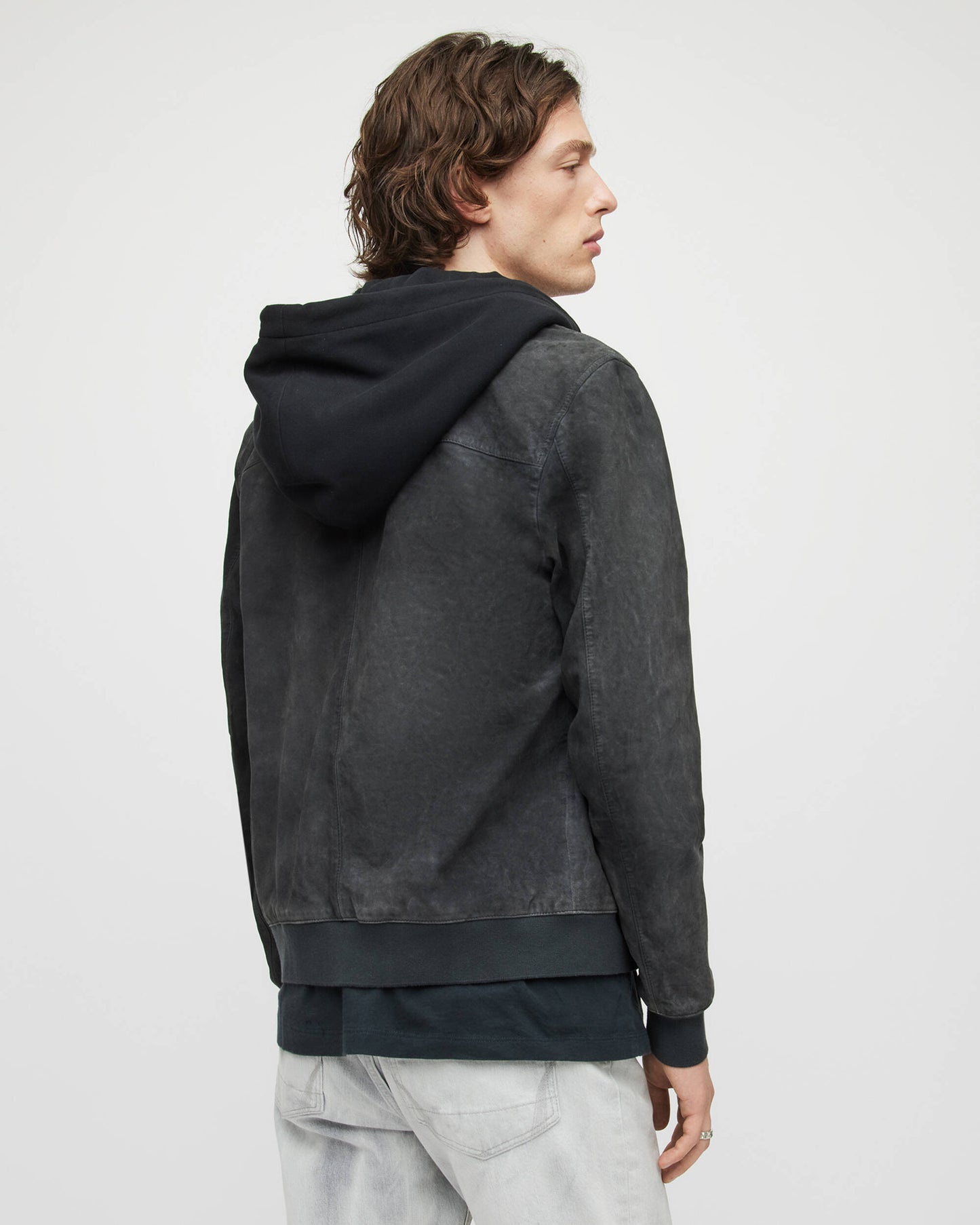 Men's Suede Leather Bomber Jacket In Black With Removable Hood