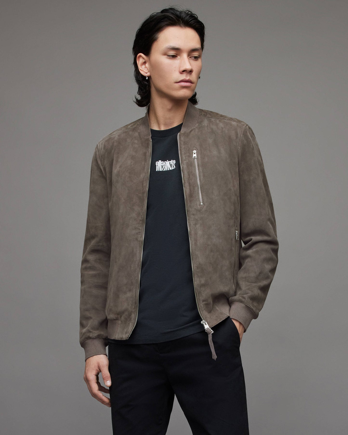 Men's Suede Leather Bomber Jacket In Gray