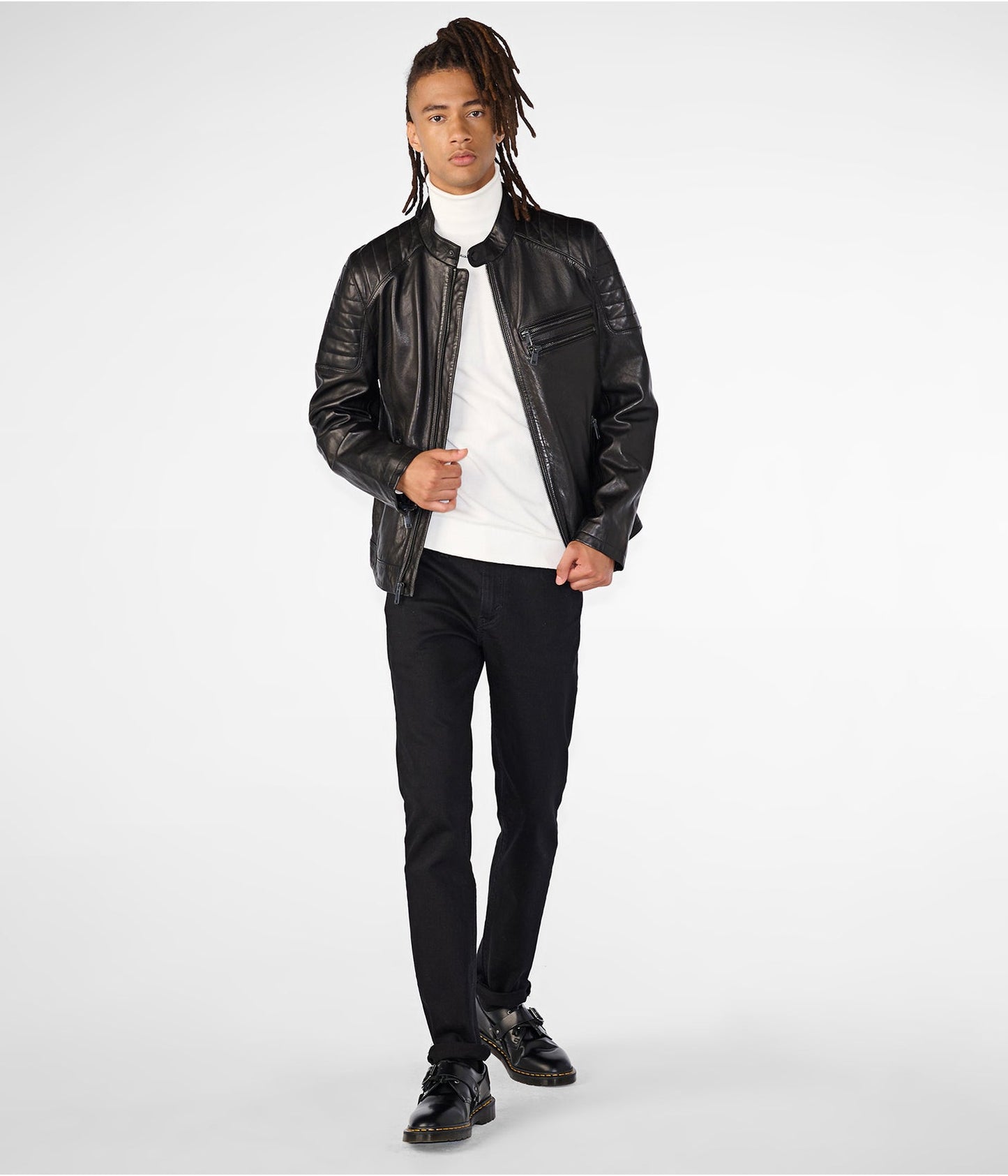 Men's Leather Biker Cafe Racer Jacket In Black