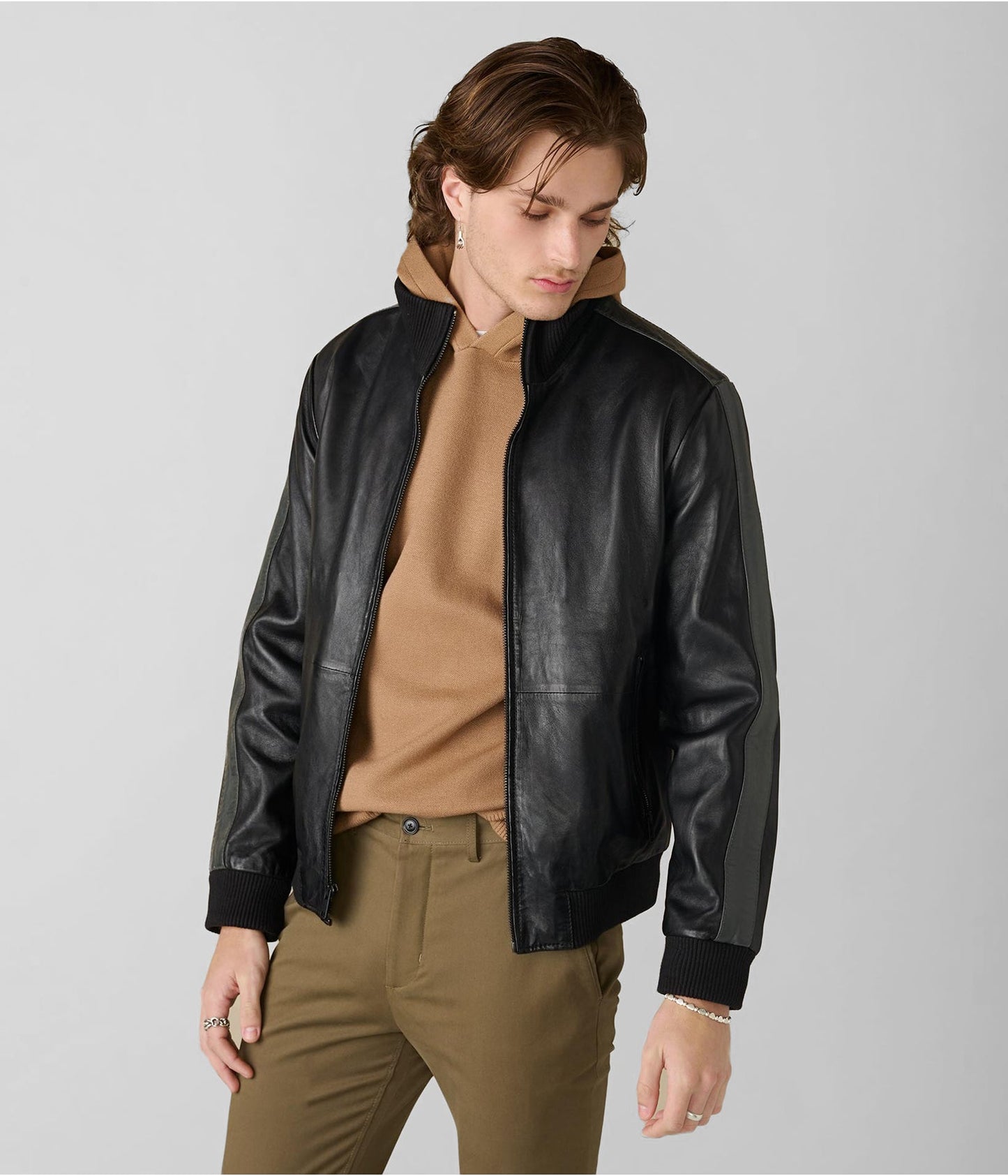 Men's Leather Bomber Jacket In Classic Black With Stripes