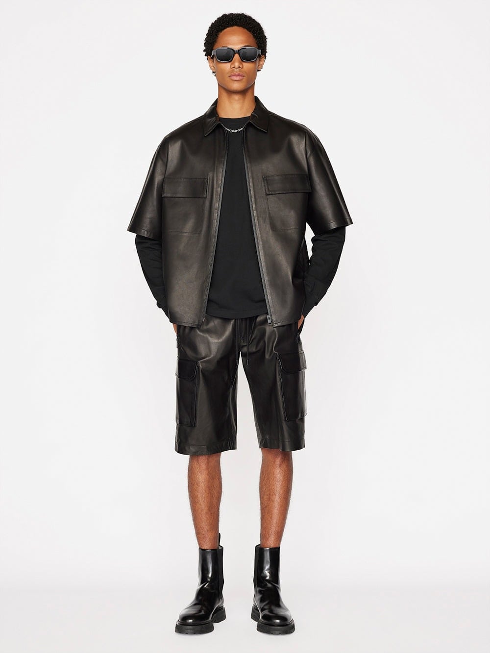 Men's Short Sleeve Leather Shirt In Black
