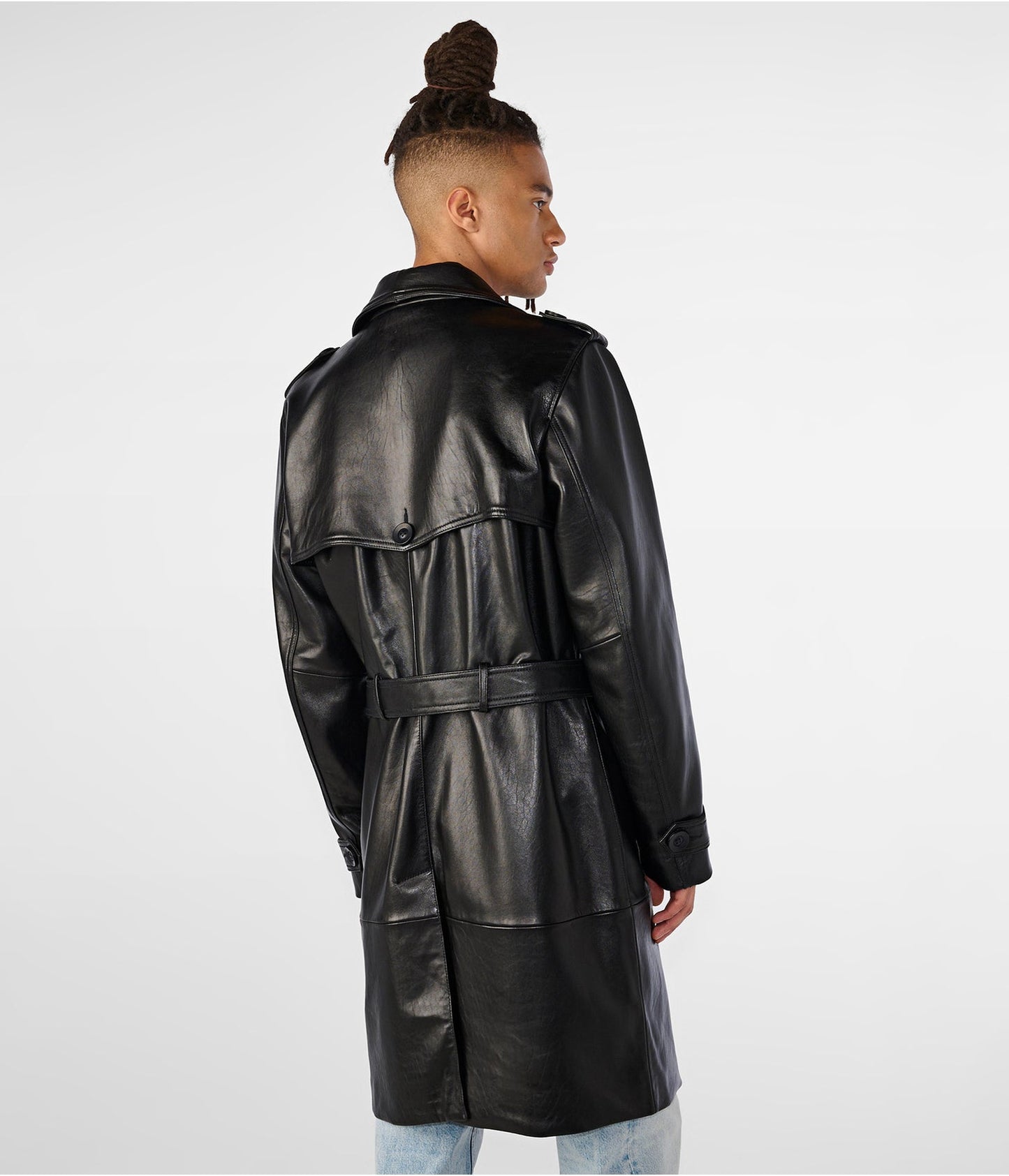 Men's Trench Leather Coat In Black With Belt