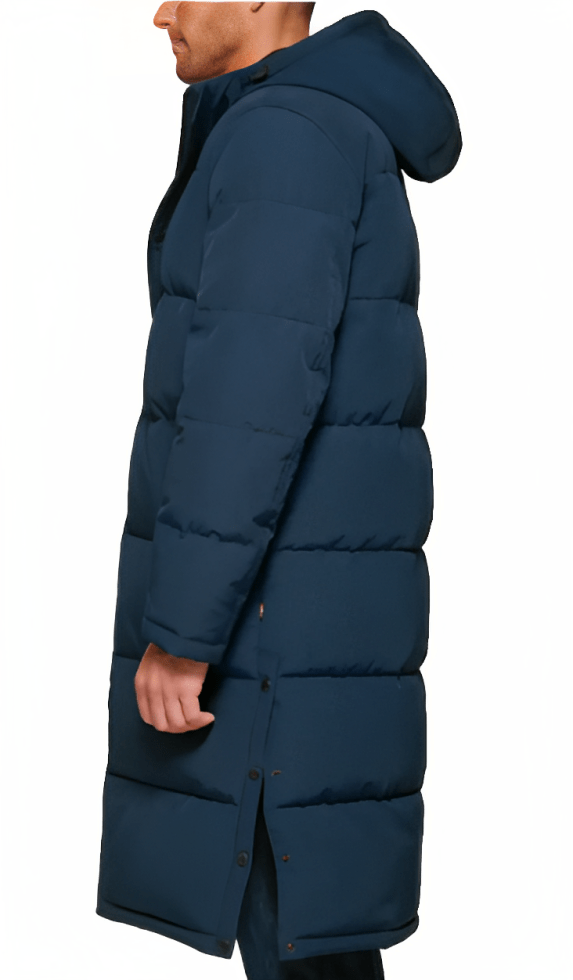 Men's Trench Puffer Coat In Navy Blue With Hood