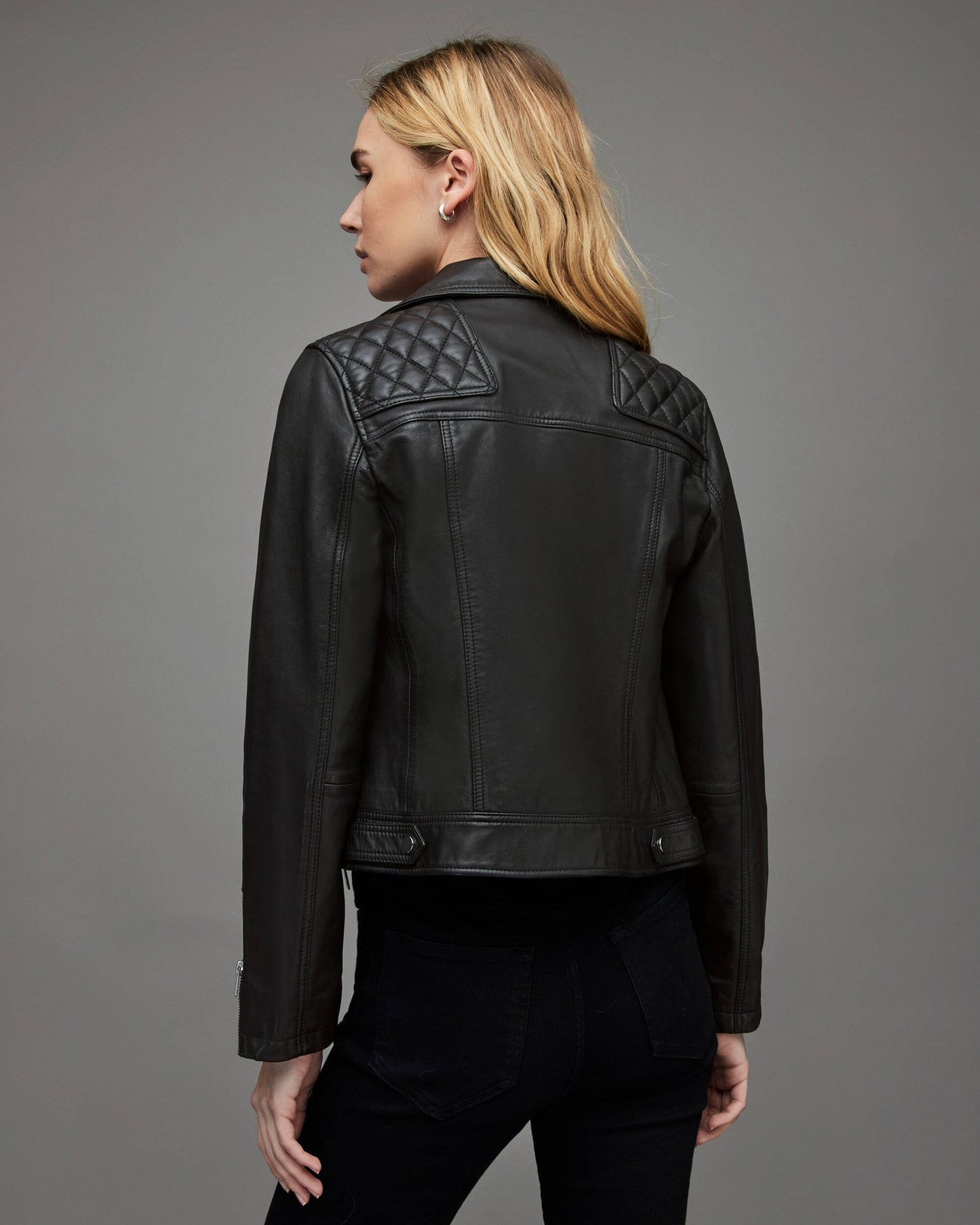 Women's Leather Biker Jacket In Black With Quilted Shoulder