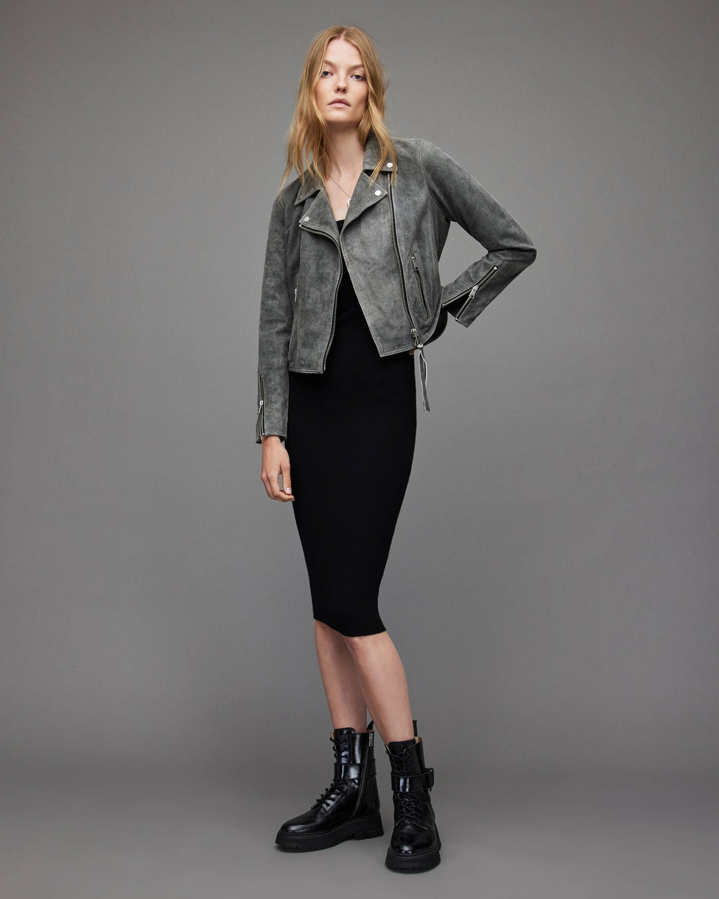 Women's Suede Leather Biker Jacket In Gray
