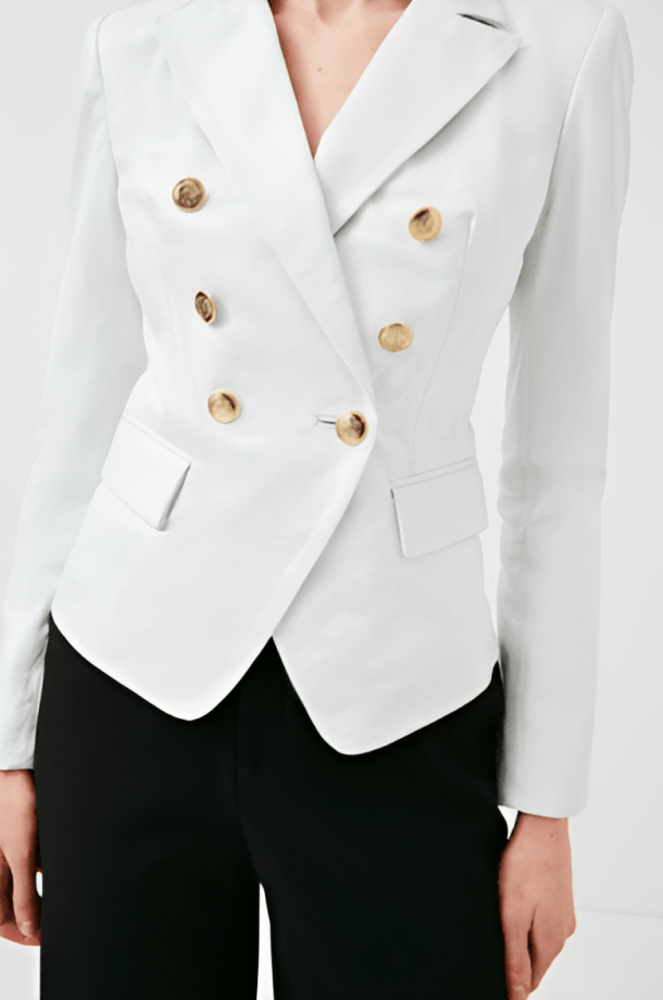 Women's Leather Blazer In White With Golden Buttons