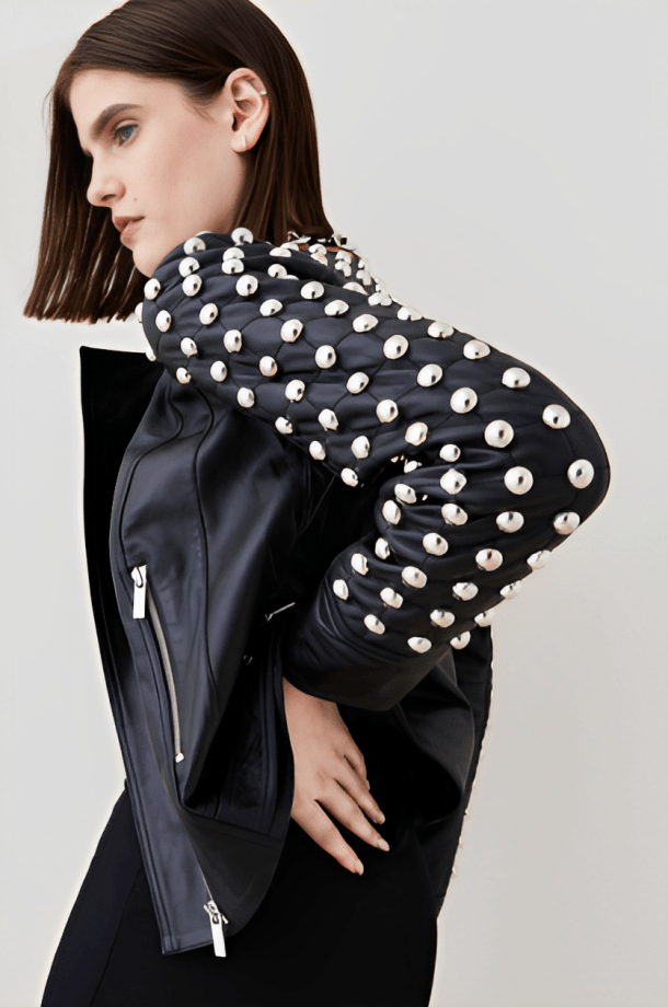 Women's Quilted Studded Leather Jacket In Black