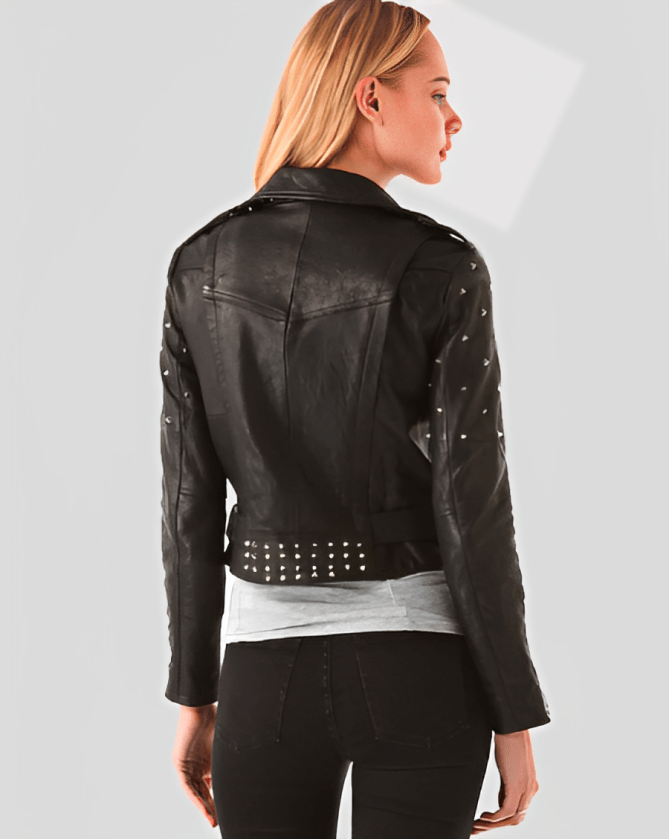 Women's Studded Biker Leather Jacket In Black