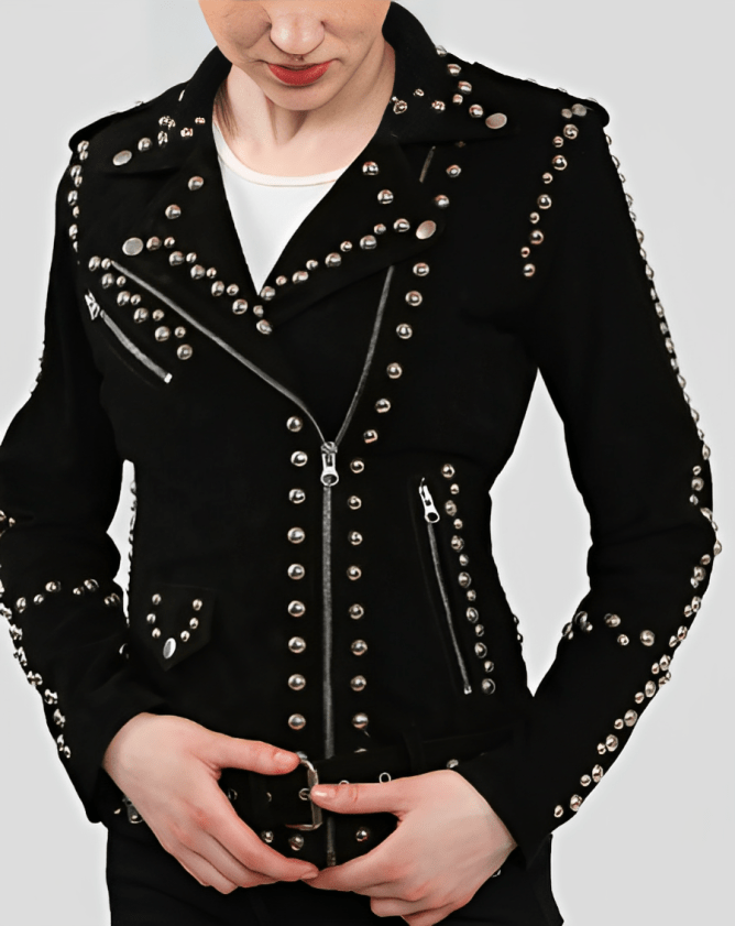 Women's Studded Suede Leather Biker Jacket In Black