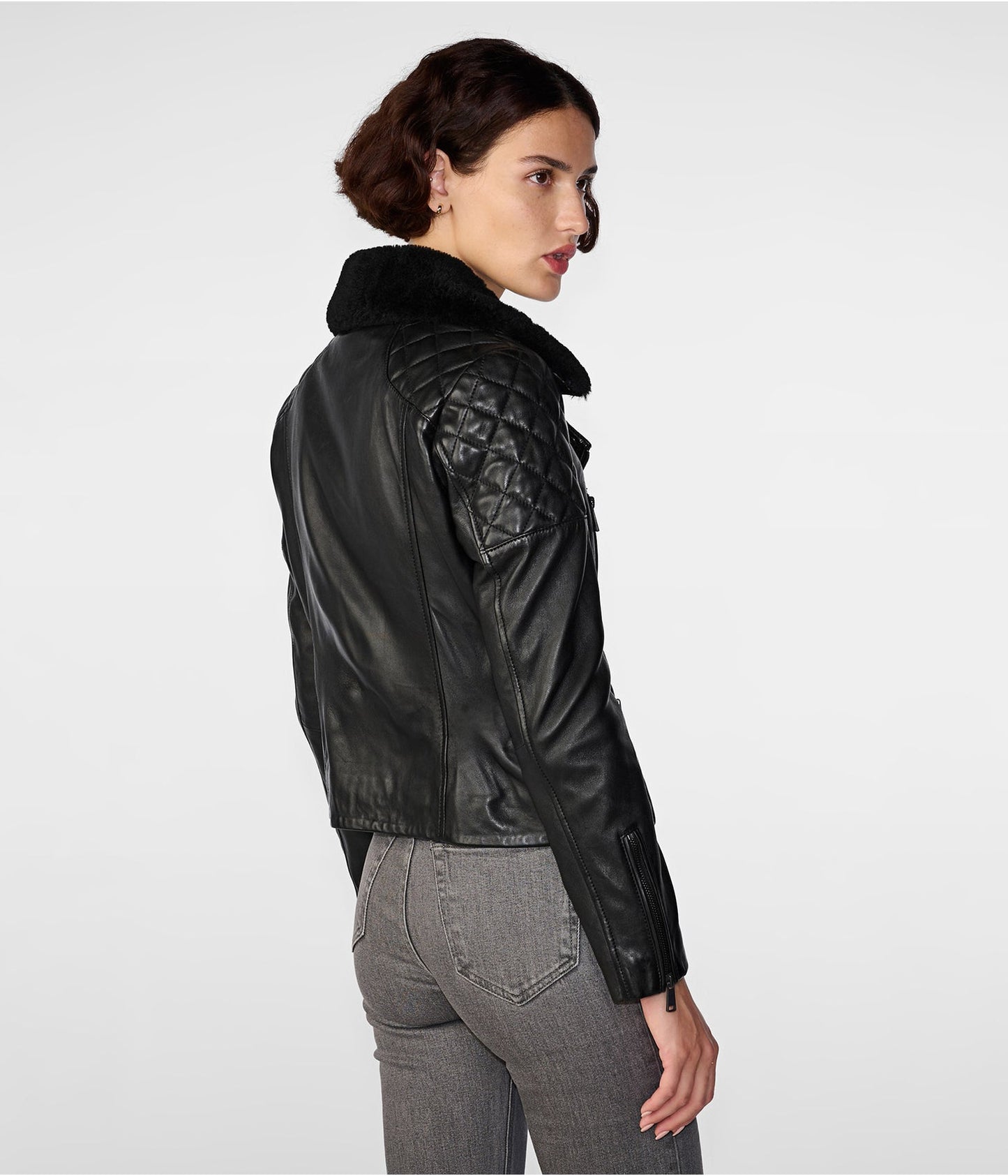 Women's Shearling Leather Biker Jacket In Black