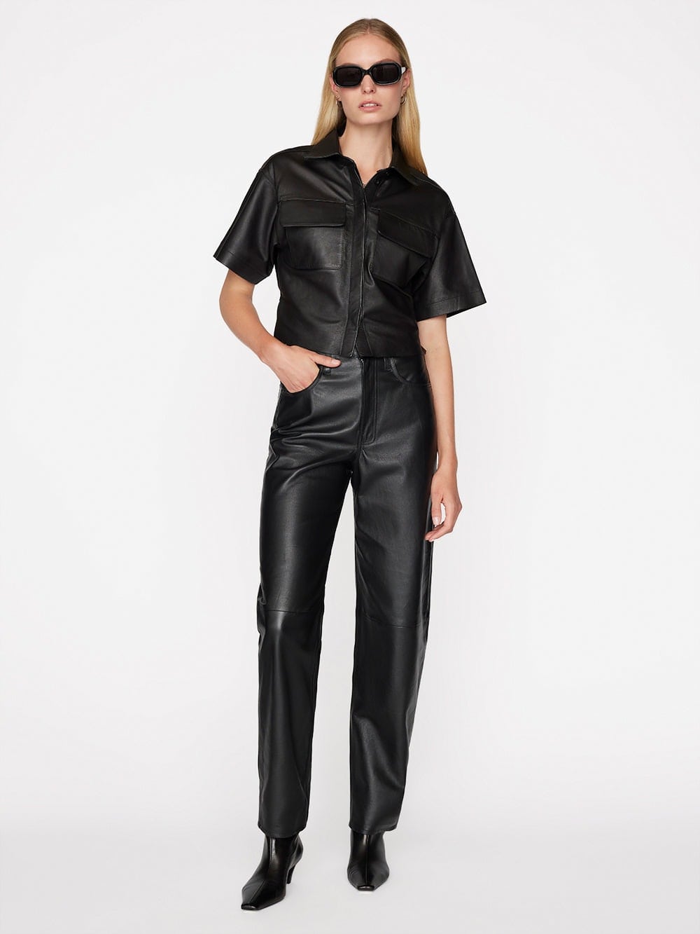 Women's Half Sleeve Leather Shirt In Black