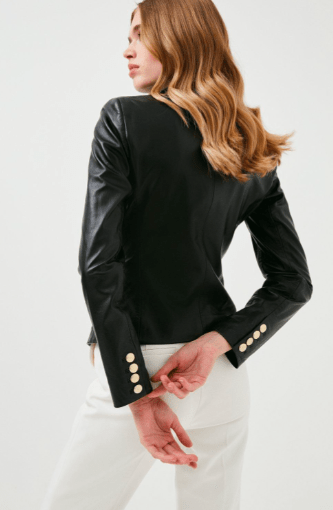 Women's Leather Blazer In Black With Golden Buttons