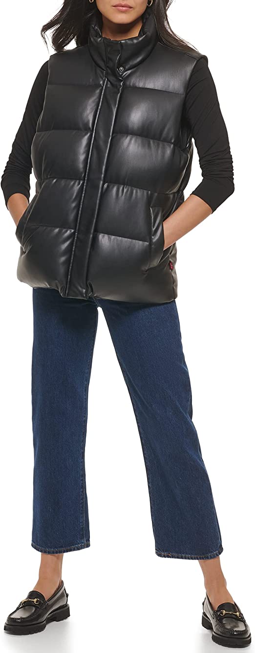Women's Leather Puffer Vest In Black