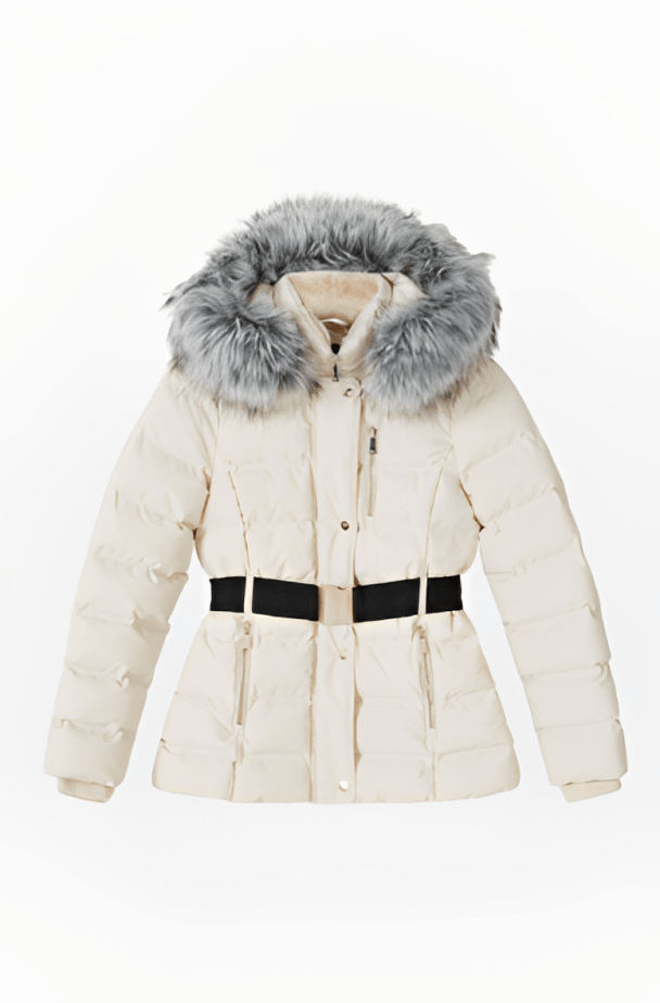 Women's Puffer Jacket In Beige With Fur Hood
