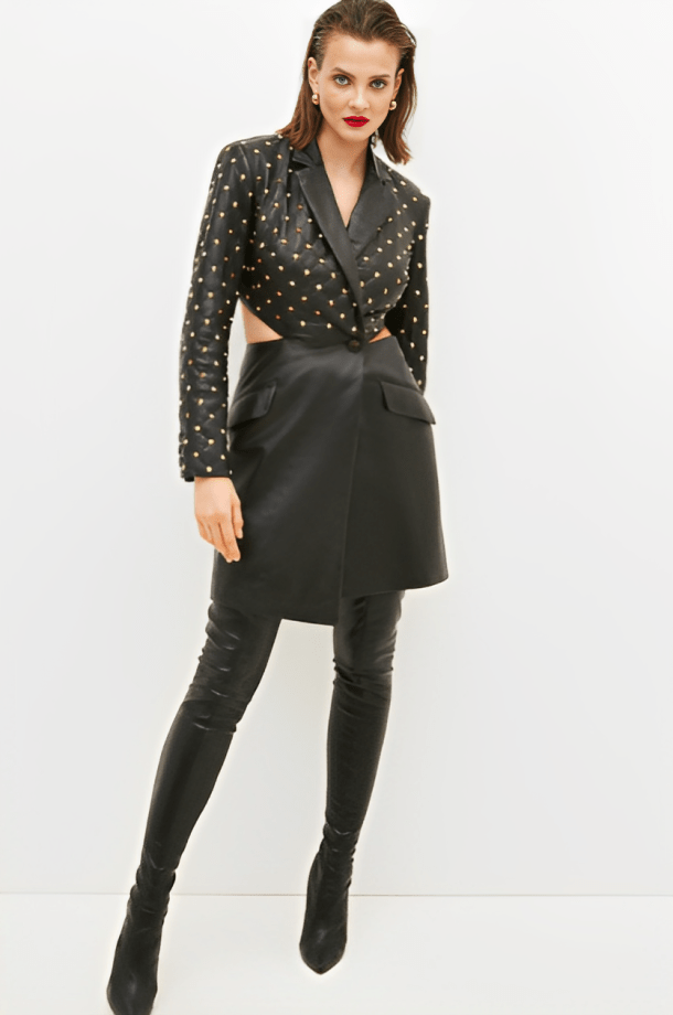 Women's Quilted Studded Leather Blazer In Black