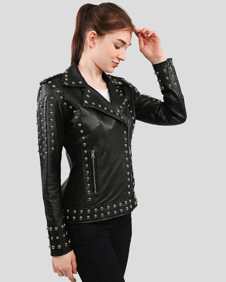 Women's Studded Leather Biker Jacket In Black