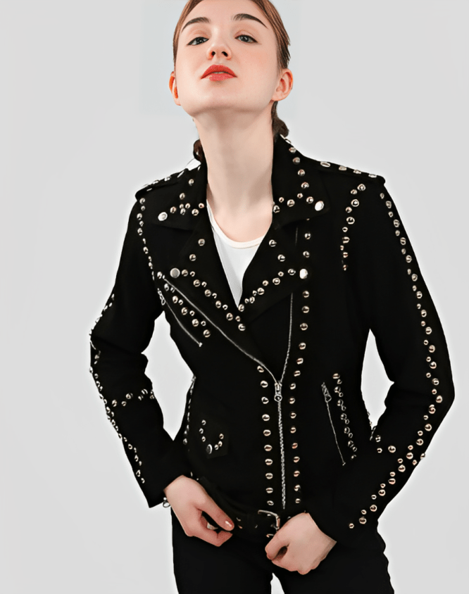 Women's Studded Suede Leather Biker Jacket In Black