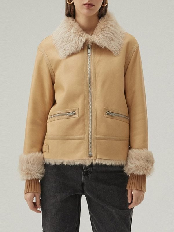 Women's Leather Biker Jacket In Beige