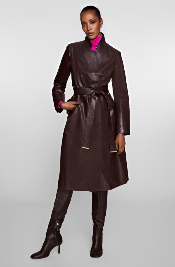Women's Leather Trench Coat In Dark Brown