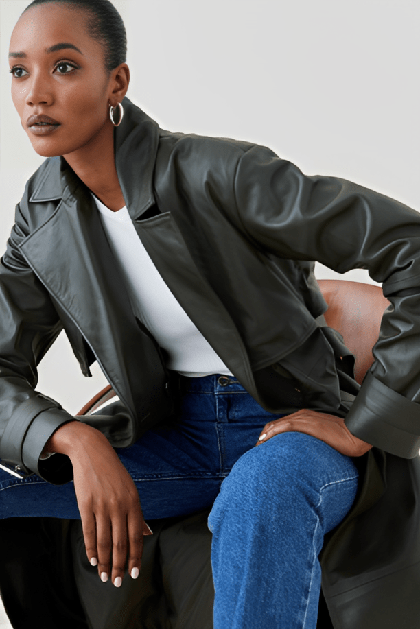 Women's Leather Trench Coat In Olive