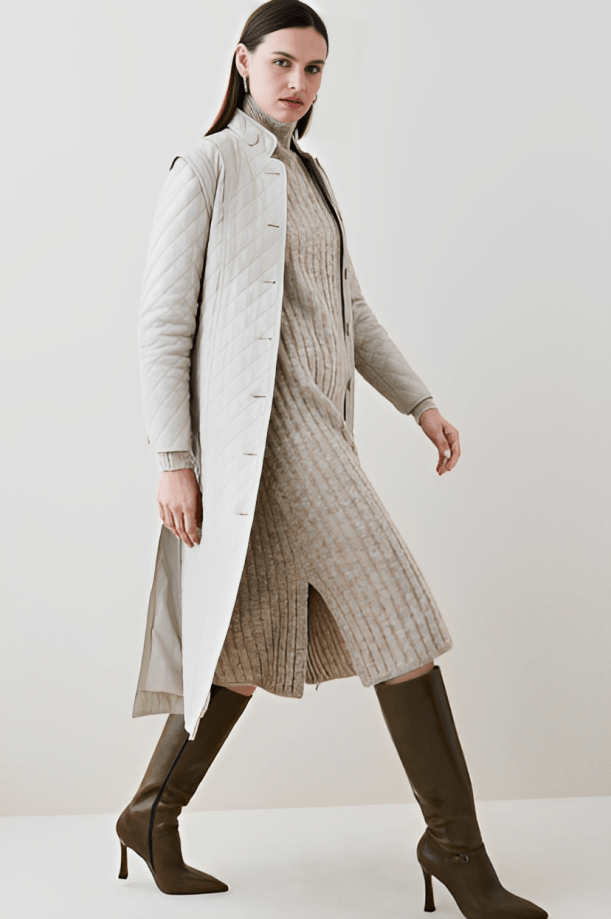 Women's Quilted Leather Trench Coat in Off-White