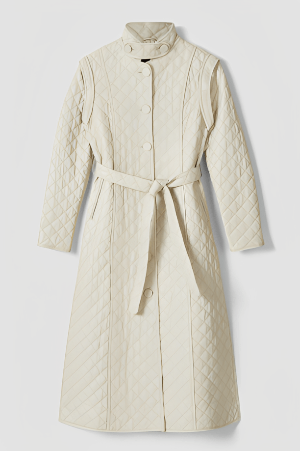 Women's Quilted Leather Trench Coat in Off-White